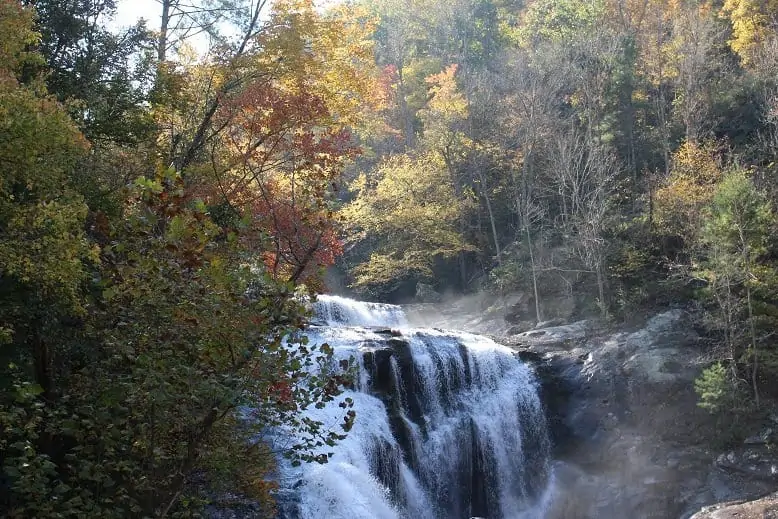 water rushing over the top of the falls surrounded by colorful fall trees