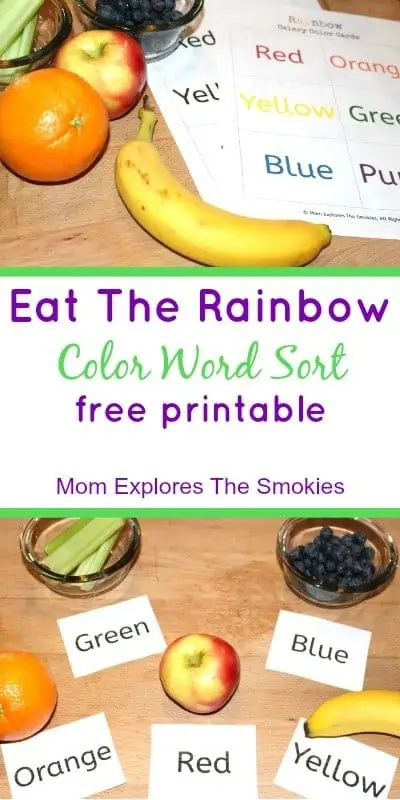 Eat The Rainbow Color Word Sorting activitity with fresh fruit and color word cards