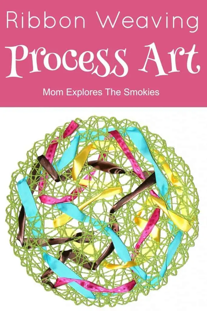 Ribbon Weaving Process Art featuring colorful ribbons woven through a green mat 