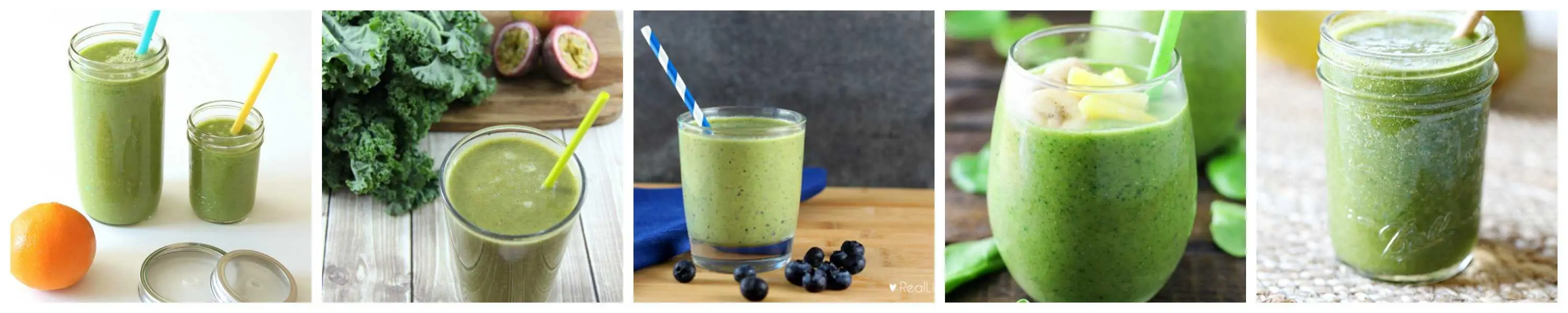 Green Smoothies Your Kids Will Love: collage of 5 smoothies in clear glasses
