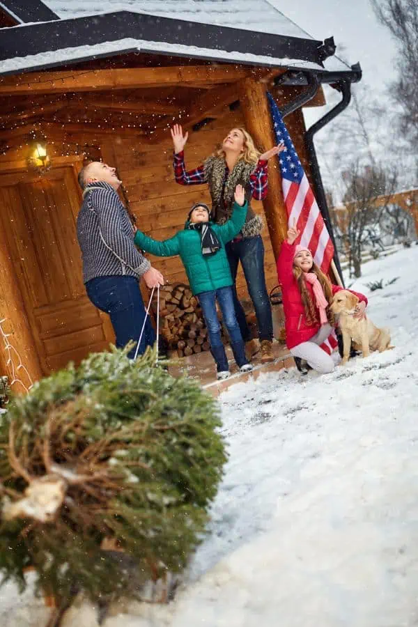 Happy family smiling as they bring their Christmas tree inside their cabin. 