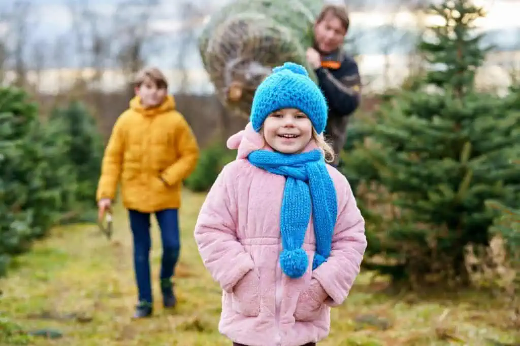 Smiling young gril with brother and Dad carrying a tree at the farm, representing Smoky Mountain Christmas Trees