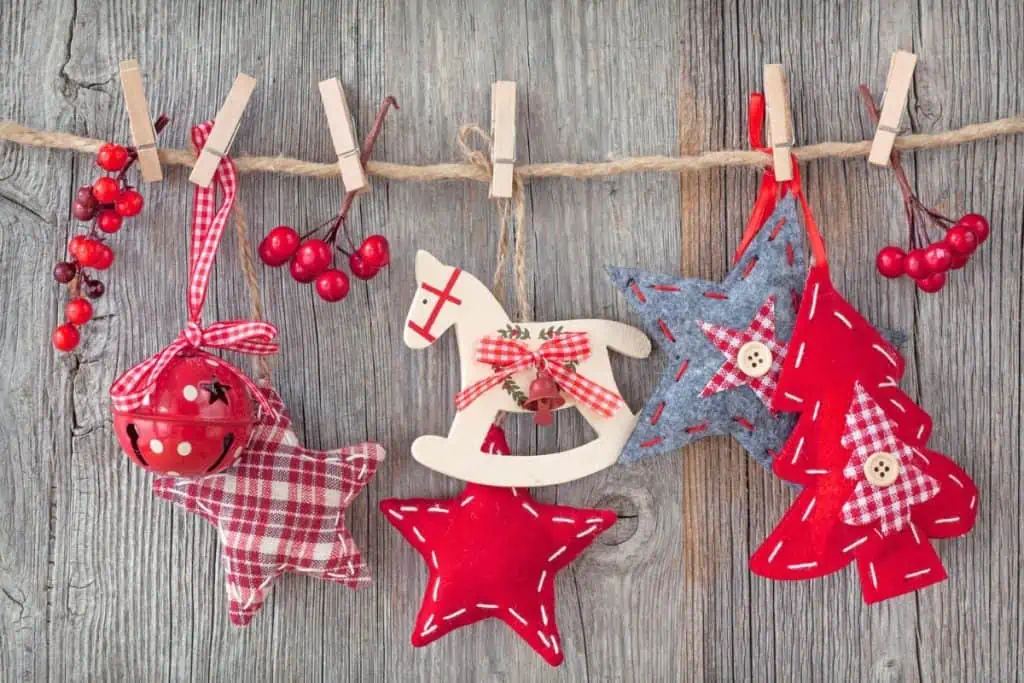 Wooden and sewn felt Christmas ornaments representing Christmas craft fairs near Chattanooga TN. 