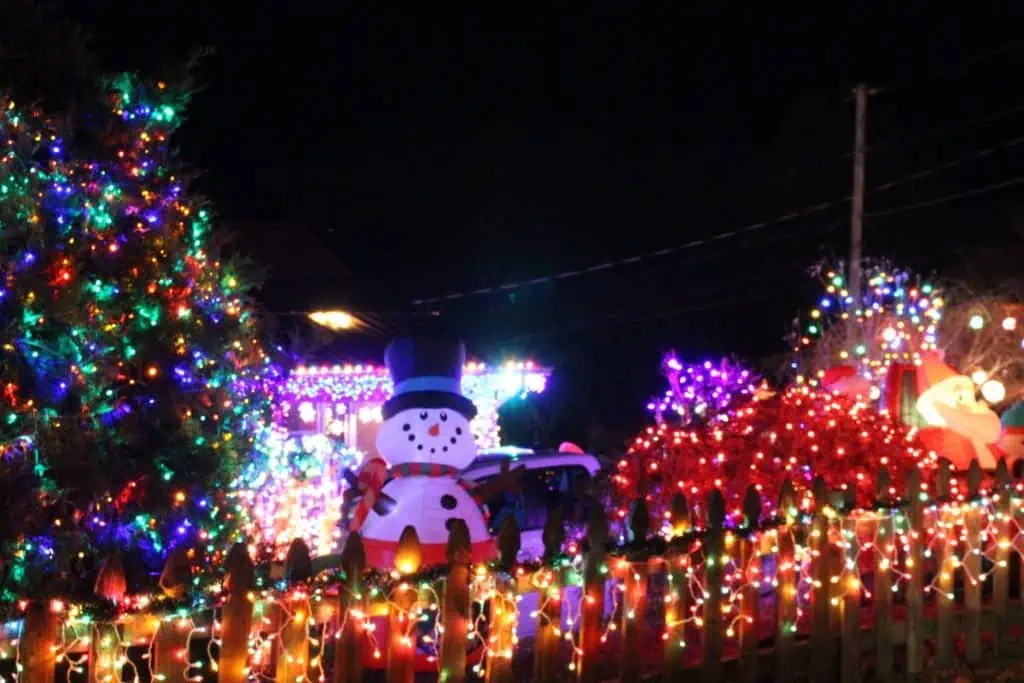 Snowman inflatable surrounded by Christmas Lights on Best Road, Maryville TN