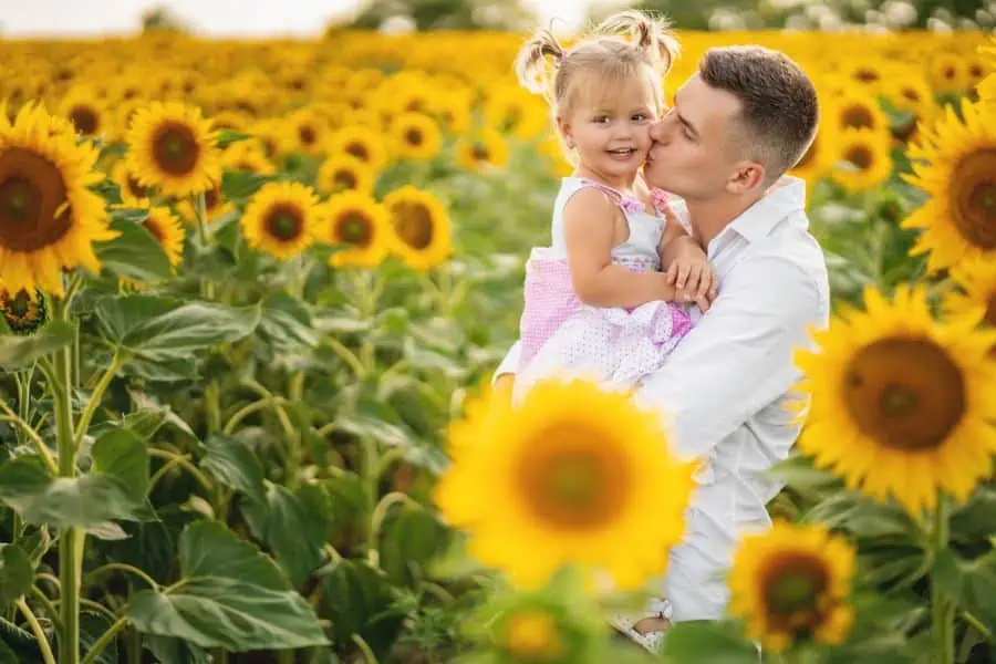 Happy father and daughter hugging in a sunflower field.