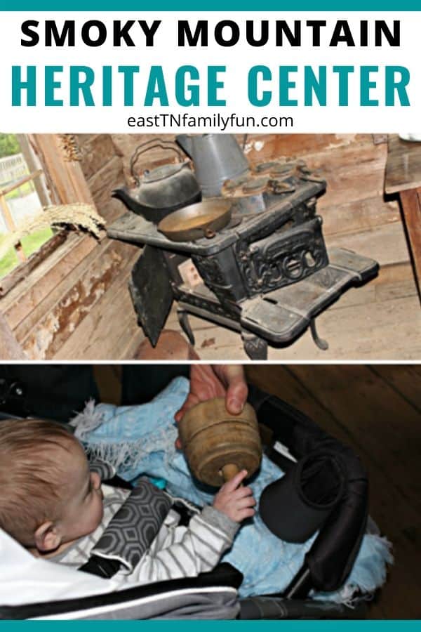 Old wood burning stove and wooden artifact at Great Smoky Mountain Heritage Center