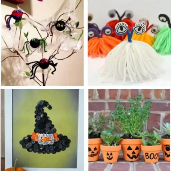 halloween craft photo collage: spiders, yarn monster, witch hat, pumpkin flower pots