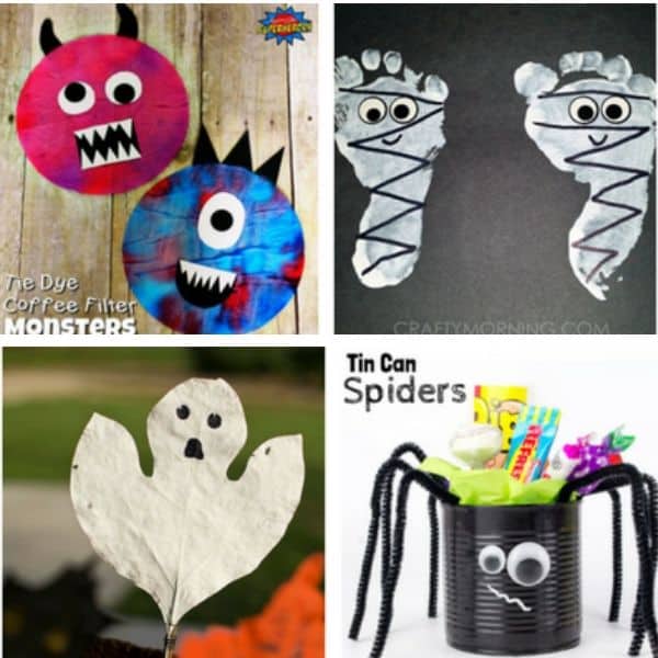 halloween craft photo collage: monsters, feet mummies, leaf ghost, can spider