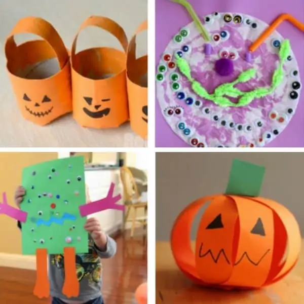 halloween craft photo collage: treat buckets,  jack-o-lanterns, monsters