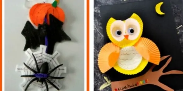 halloween craft photo collage: threaded felt craft, owl