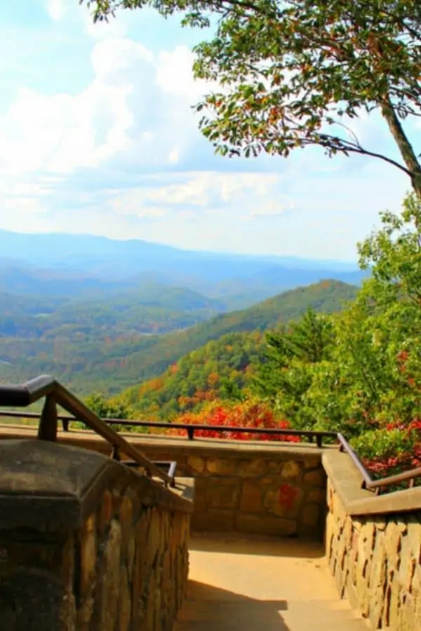 Stone stairs overlooking fall colored mountains at Look Rock Tower and Hiking Trail