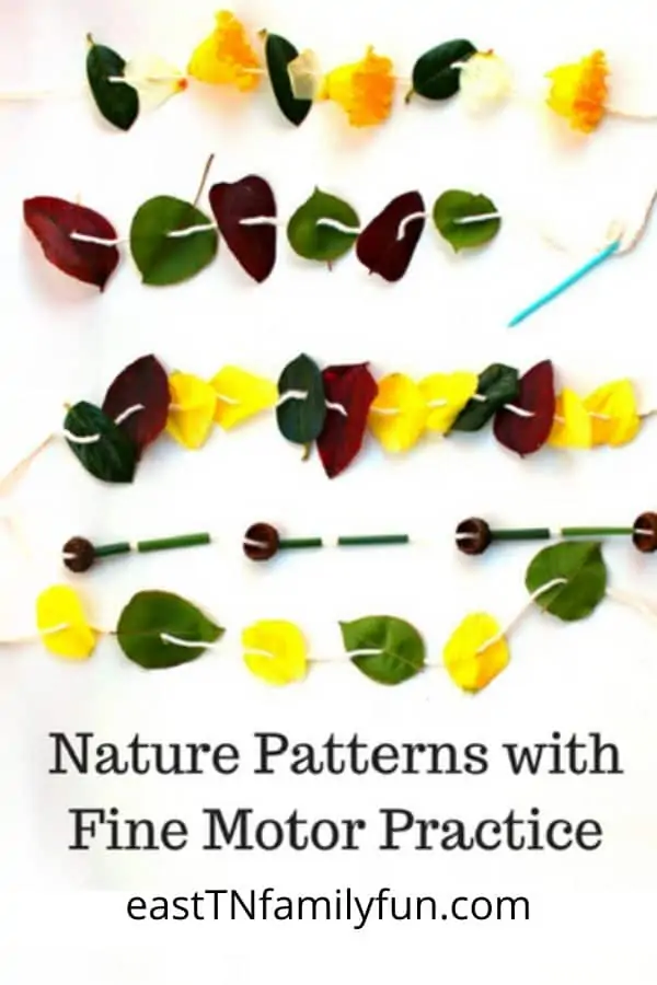 Nature Patterns for activity for kids made from threaded leaves and flowers