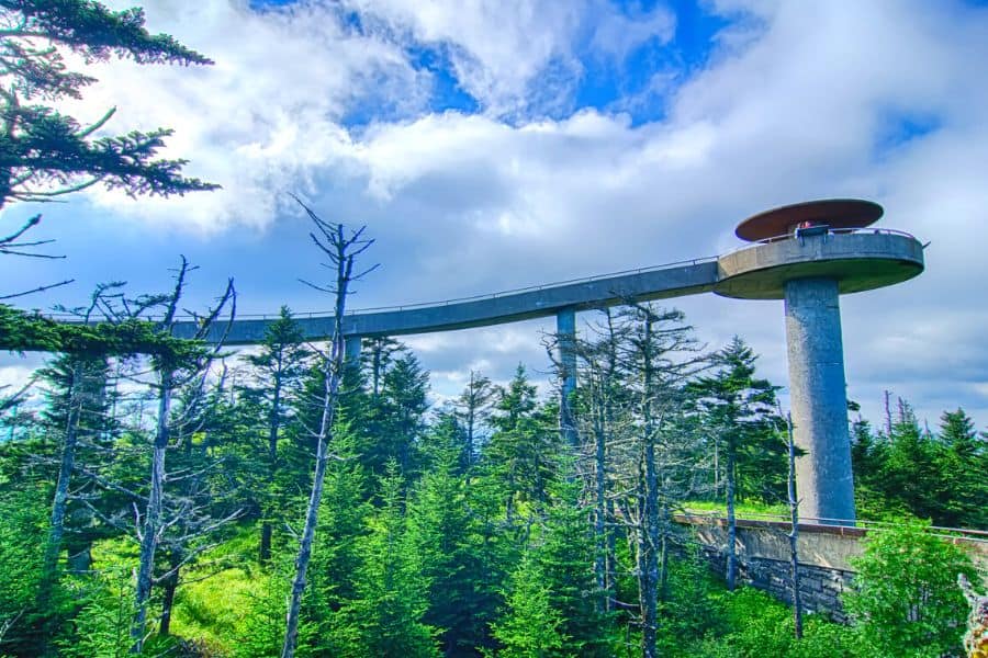 Concrete tower over a forested view: best smoky mountain hikes for families