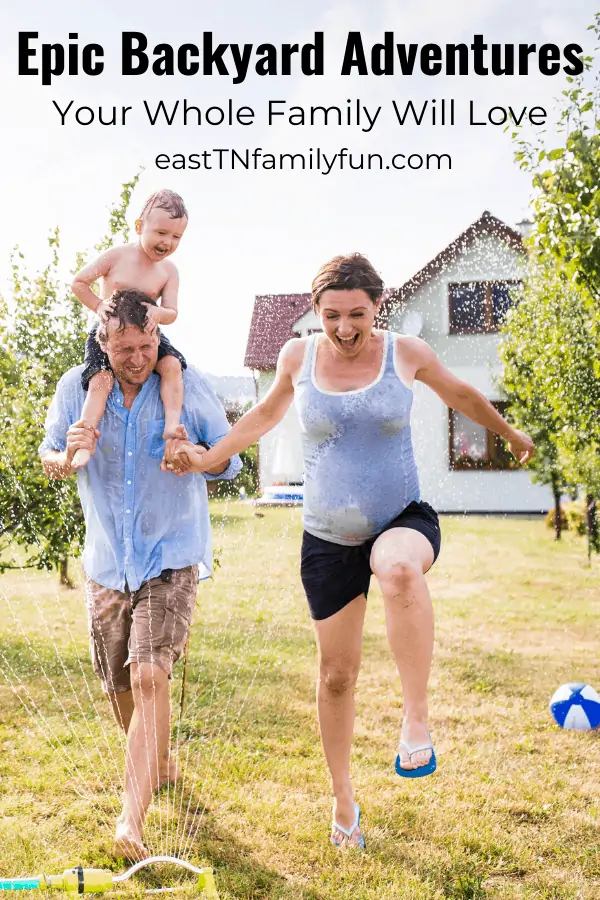 backyard adventures, family running through sprinkler