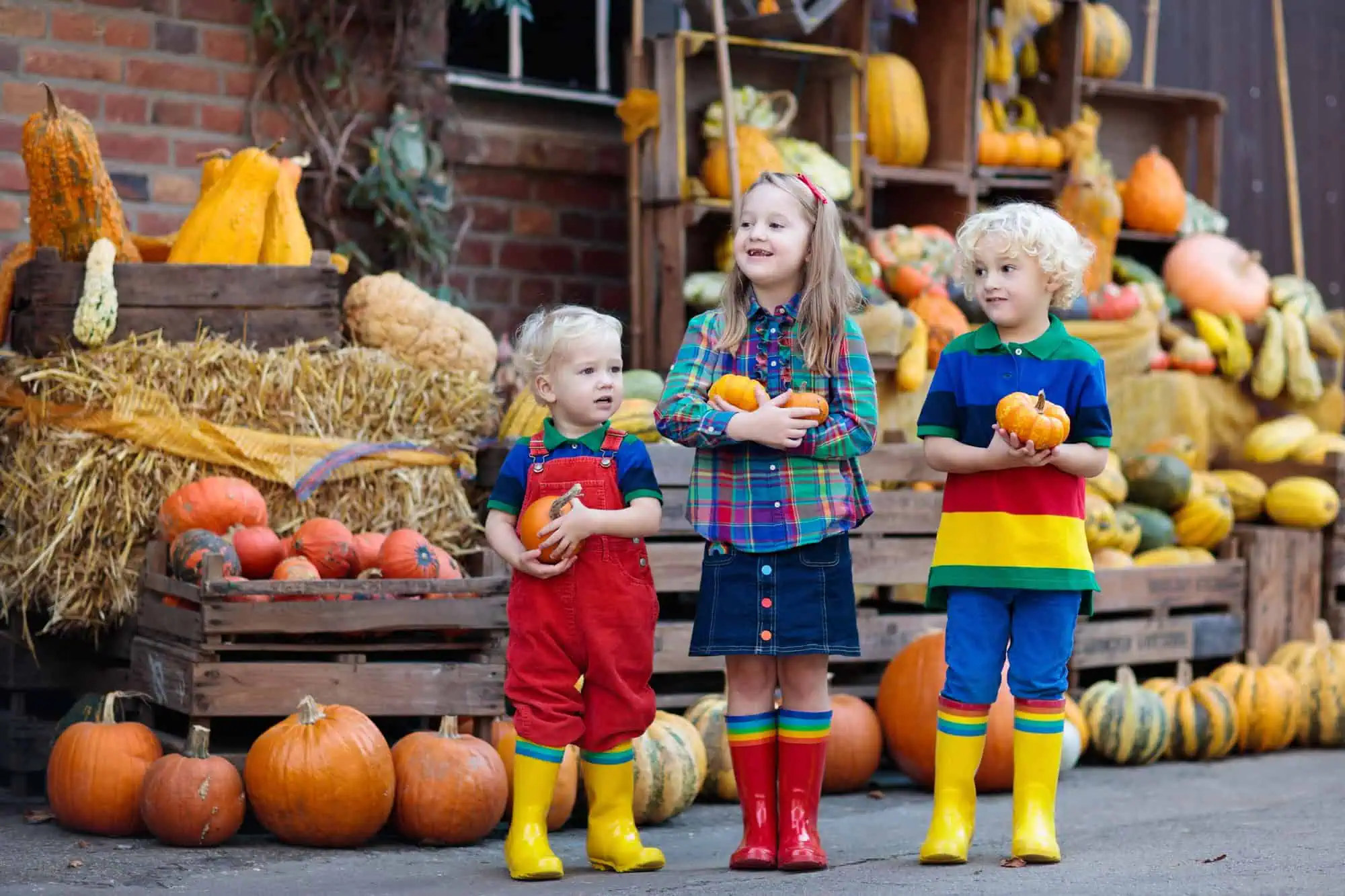 3 happy children surrounded by a large display of pumpkins, representing Chattanooga fall festivals.