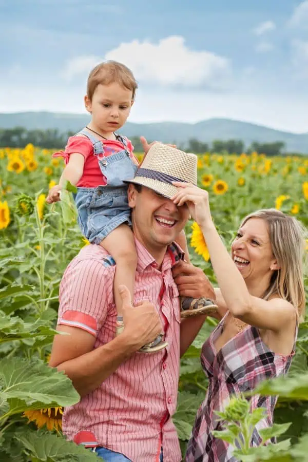 Happy family enjoying a sunflower field with mountains in the distance , representing sunflower fields near Knoxville.